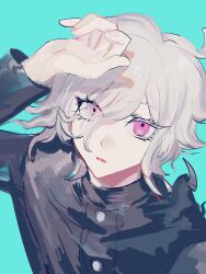 1boy blue_background colored_eyelashes eyelashes hair_over_one_eye hand_up heterochromia looking_at_viewer male_focus messy_hair multicolored_eyes open_mouth pink_eyes shion_(hundred_line) solo solo_focus the_hundred_line_-last_defense_academy- upper_body white_eyes white_hair