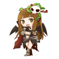 1girl :d armor armored_boots assassin_cross_(ragnarok_online) black_cape black_gloves black_leotard black_socks black_wings blunt_bangs blush boots breasts brown_eyes brown_hair cape chibi chibi_only commentary_request flower full_body gloves hair_ornament high_heel_boots high_heels leotard long_hair looking_at_viewer medium_breasts open_mouth pauldrons plant pochiko_(poteko) ragnarok_online red_flower red_rose red_scarf revealing_clothes rose scarf shoulder_armor simple_background skull skull_hair_ornament smile socks solo thorns torn_cape torn_clothes torn_scarf transparent_background v-shaped_eyebrows vambraces vines waist_cape walking wings