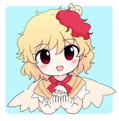 1girl animal animal_on_head bird bird_on_head bird_wings blonde_hair blush chick chicken facing_viewer feathered_wings held_up highres multicolored_hair neckerchief niwatari_kutaka on_head open_mouth orange_shirt red_hair red_neckerchief rei_(tonbo0430) shirt short_hair simple_background smile tagme touhou two-tone_hair upper_body wings yellow_wings
