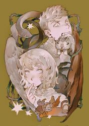 1boy 1girl angry biting brother_and_sister chimera cropped_shoulders curious demon_horns demon_wings duanzhaorz dungeon_meshi falin_touden falin_touden_(chimera) fangs feathered_wings finger_to_mouth food food_on_face grey_hair highres horns index_finger_raised laios_touden laios_touden_(chimera) lion looking_at_viewer monster_boy monster_girl mouth_hold short_hair siblings size_difference snake spoilers teeth_hold third_eye thorns winged_lion_(dungeon_meshi) wings yellow_background