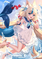 1girl :d absurdres animal_ear_fluff animal_ears bare_arms bare_legs bare_shoulders barefoot blonde_hair blue_eyes blue_hair blue_nails blush cat_ears crab day dress fins fish_girl fish_tail full_body gumae highres holding indie_virtual_youtuber knees long_hair multicolored_hair nail_polish ocean open_mouth sameko_saba sleeveless sleeveless_dress smile solo streaked_hair tail twintails very_long_hair white_dress