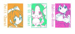 3girls ahoge animal_hat bell bow cat_hat character_name dejiko di_gi_charat fang hat long_hair looking_at_viewer multiple_girls multiple_monochrome neck_bell open_mouth puchiko short_hair usada_hikaru wadante white_background x_mouth