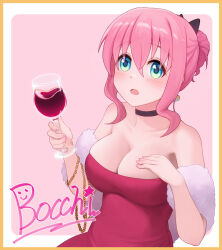Rule 34 | 1girl, :o, alcohol, alternate costume, alternate hairstyle, armpit crease, armpit peek, beads, black bow, black choker, blue eyes, blush, bocchi the rock!, border, bow, breasts, chalice, character name, choker, cleavage, collared shirt, commentary request, crossed bangs, cup, dress, evening gown, fingernails, fur shawl, glass, gotoh hitori, hair between eyes, hair bow, hair bun, hand on own chest, hands up, highres, holding, holding cup, large breasts, long bangs, long hair, long sidelocks, looking up, naeaemgung, nail polish, open mouth, orange border, outside border, pink background, pink hair, pink nails, raised eyebrows, red dress, shawl, shirt, sidelocks, simple background, skindentation, solo, sphere hair ornament, strapless, strapless dress, upper body, white border, wine, wispy bangs