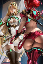 2girls aegis_sword_(xenoblade) artist_name ass back bare_shoulders black_gloves blonde_hair blush breasts chest_jewel cleavage cleavage_cutout clothing_cutout dress dual_persona earrings elbow_gloves female_focus fingerless_gloves gloves jewelry large_breasts looking_at_viewer looking_back matching_hair/eyes multiple_girls mythra_(xenoblade) pyra_(xenoblade) red_eyes red_hair red_shorts short_dress short_hair short_shorts shorts signature swept_bangs thighs tiara white_dress white_gloves xenoblade_chronicles_(series) xenoblade_chronicles_2 yellow_eyes zumi_(zumidraws)