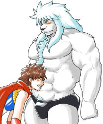 2boys abs armor baltes_(daikaijuu_monogatari) bara biceps black_male_underwear blue_armor blush brown_hair bulge cape closed_eyes closed_mouth commentary_request daikaijuu_monogatari fire_shell_hero_(daikaijuu_monogatari) furry furry_male grin head_on_another&#039;s_stomach long_hair looking_at_another looking_down magnum_feering male_focus male_underwear mane multiple_boys muscular muscular_male pectorals red_cape smile sweatdrop topless_male underwear white_background white_fur