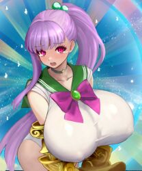 1girl absurdres bare_shoulders bishoujo_senshi_sailor_moon blush bow bowtie breasts brooch choker circlet claw_(weapon) fate/grand_order fate_(series) green_sailor_collar hair_bobbles hair_ornament hair_ribbon highres huge_breasts jewelry leotard long_hair looking_at_viewer open_mouth passionlip_(fate) pink_eyes pink_ribbon ponytail purple_hair raskasar ribbon sailor_collar sailor_senshi_uniform solo star_(symbol) star_choker tearing_up very_long_hair weapon white_leotard