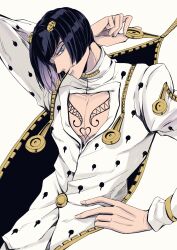 1boy black_hair blue_eyes bob_cut bruno_bucciarati chest_tattoo closed_mouth commentary_request eyelashes hair_ornament hairclip hand_on_own_hip highres jacket jojo_no_kimyou_na_bouken looking_at_viewer male_focus roka_(vivit_dot) short_hair solo tattoo upper_body vento_aureo white_jacket zipper