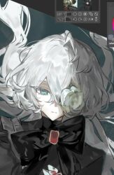 1girl black_bow black_bowtie black_dress bow bowtie brooch closed_mouth dress floating_hair flower flower_over_eye hair_between_eyes jewelry long_hair looking_at_viewer one_eye_covered original qyzhiaiyisheng simple_background very_long_hair white_flower white_hair