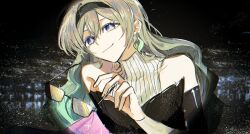 1girl black_dress black_gloves black_hairband closed_mouth dress elbow_gloves firefly_(honkai:_star_rail) firefly_(on_the_journey)_(honkai:_star_rail) gloves gradient_eyes gradient_hair green_pupils hair_between_eyes hair_intakes hairband highres holding holding_removed_eyewear honkai:_star_rail honkai_(series) long_hair multicolored_eyes multicolored_hair sleeveless sleeveless_turtleneck smile solo tdinhphung turtleneck turtleneck_dress unworn_eyewear