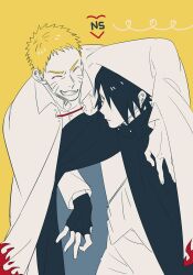 Rule 34 | 2boys, black hair, blonde hair, boruto: naruto next generations, closed eyes, facial mark, fingernails, grin, male focus, multiple boys, naruto (series), short hair, smile, uchiha sasuke, uzumaki naruto, vosovic, whisker markings, yaoi