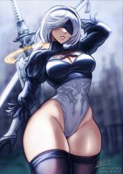 1girl 2b_(nier:automata) black_blindfold black_hairband black_thighhighs blindfold breasts cleavage cleavage_cutout clothing_cutout covered_eyes curvy floating_object floating_sword floating_weapon gloves hairband highleg highleg_leotard highres iahfy juliet_sleeves leotard long_sleeves medium_breasts mole mole_under_mouth nier:automata nier_(series) parted_lips puffy_sleeves shiny_skin short_hair solo sword thick_thighs thighhighs thighs thong_leotard weapon weapon_on_back white_hair wide_hips