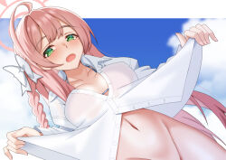 ahoge blue_archive blue_sky blush border bottomless clothes_lift commentary_request exhibitionism green_eyes halo hanako_(blue_archive) hanako_(swimsuit)_(blue_archive) highres huge_ahoge iseshi lifting_own_clothes long_hair midriff navel open_mouth pink_hair pink_halo public_indecency shirt_lift sky very_long_hair white_border