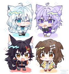 4girls :3 :d ;3 ahoge animal_ear_fluff animal_ears black_hair black_sailor_collar black_shirt black_shoes black_shorts black_skirt black_thighhighs blue_dress blue_eyes blue_hair blue_neckerchief bone_hair_ornament braid brown_eyes brown_hair cat_ears cat_girl cat_tail chibi chibi_only closed_mouth commentary_request crop_top cropped_shirt detached_ahoge dog_ears dog_girl dress fang fox_ears fox_girl fox_tail full_body hair_between_eyes hair_ornament highres hololive hololive_gamers inugami_korone inugami_korone_(1st_costume) jacket long_hair long_sleeves looking_at_viewer multicolored_hair multiple_girls neckerchief necktie nekomata_okayu nekomata_okayu_(1st_costume) notamaru_2 one_eye_closed ookami_mio ookami_mio_(1st_costume) open_clothes open_jacket open_mouth pants pleated_skirt purple_eyes purple_hair red_hair red_necktie red_socks ribbon-trimmed_sleeves ribbon_trim sailor_collar shirakami_fubuki shirakami_fubuki_(1st_costume) shirt shoes short_hair shorts simple_background single_braid single_thighhigh skirt smile socks standing streaked_hair tail thighhighs twin_braids twitter_username virtual_youtuber watermark white_background white_dress white_pants white_sailor_collar white_shoes yellow_eyes yellow_jacket yellow_shoes
