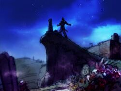 1boy bouquet flower game_cg grave graveyard hill kawano_takuji king_(tekken) looking_up night night_sky official_art outstretched_arms sky solo star_(sky) starry_sky tail tekken tekken_4 tombstone