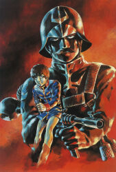 1970s_(style) 1980s_(style) 2boys aiming aiming_at_viewer amuro_ray earth_federation explosive facial_hair grenade gun gundam helmet highres jetpack looking_at_viewer manly military military_uniform mobile_suit_gundam multiple_boys mustache official_art oldschool painting_(medium) ramba_ral retro_artstyle scan science_fiction serious signature soldier submachine_gun traditional_media weapon yasuhiko_yoshikazu zeon