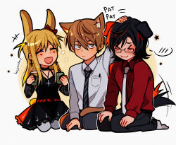 amane_misa animal_ears black_hair blonde_hair blush brown_hair cat_boy cat_ears cat_tail choker cross cross_necklace death_note deformed dog_boy dog_ears dog_tail dress glasses goth_fashion headpat highres huyandere jewelry kneeling lace mikami_teru necklace necktie pants rabbit_ears rabbit_girl rabbit_tail shirt short_twintails smile tail tail_wagging twintails yagami_light