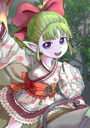 Rule 34 | 1girl, :d, arm up, blunt bangs, bow, colored skin, commentary request, cowboy shot, dragon quest, dragon quest x, dress, fairy wings, floating clothes, floating hair, floral print, furisode sleeves, fuura (dq10), green hair, hair bow, hijirino yuuta, japanese clothes, leaf, looking at viewer, official alternate costume, open mouth, pointy ears, ponytail, purple eyes, purple skin, red bow, riding, smile, solo, wide sleeves, wings
