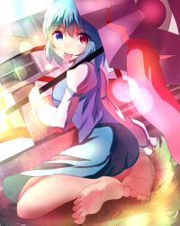 1girl :p bad_feet bad_id bad_pixiv_id barefoot blue_eyes blue_hair feet female_focus heterochromia hizagawa_rau karakasa_obake looking_back matching_hair/eyes red_eyes sitting soles solo tatara_kogasa toes tongue tongue_out touhou umbrella yokozuwari