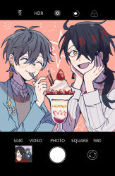 Rule 34 | 2boys, ahoge, black hair, black nails, black pants, blue hair, blue hoodie, blue jacket, bug bbb, closed eyes, closed mouth, collared shirt, cyndaquil, earrings, fake phone screenshot, fake screenshot, food, fruit, gen 2 pokemon, gradient hair, grey hair, hair between eyes, hair over one eye, hands on own cheeks, hands on own face, hood, hoodie, ike eveland, jacket, jewelry, long sleeves, looking at viewer, male focus, multicolored hair, multiple boys, nijisanji, nijisanji en, open mouth, pants, parfait, pocky, red hair, red shirt, shirt, single earring, sitting, smile, strawberry, streaked hair, sweater vest, tassel, tassel earrings, upper body, utensil in mouth, virtual youtuber, vox akuma, white shirt, yellow eyes