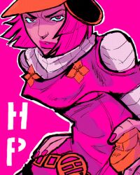 1girl 1other black_hat capelet clothing_cutout commentary cream_starter_(stand) dress floral_print gold_flower grey_scarf grey_sleeves hat hatching_(texture) highres hot_pants_(sbr) jojo_no_kimyou_na_bouken looking_at_viewer mrrohansensei multicolored_hat pink_background pink_capelet pink_dress pink_eyes pink_hair pink_lips pink_theme scarf shoulder_cutout stand_(jojo) steel_ball_run yellow_hat