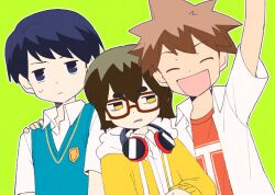 Rule 34 | 3boys, arm up, bags under eyes, black eyes, blue sweater vest, brown hair, collared shirt, green background, grimace, hand on another&#039;s shoulder, happy, hood, hood down, hooded jacket, jacket, male focus, multiple boys, open clothes, open mouth, open shirt, orange shirt, outline, satou shigeru, seizei ganbare! mahou shoujo kurumi, shirt, short hair, suzuki kiyoshi, sweater vest, takahashi isamu, tsunoji, white outline, white shirt, yellow eyes, yellow jacket