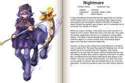 1girl animal_ears beastman blue_hair blush centaur character_profile english_text female_focus hair_over_eyes hard-translated hood horse horse_ears kenkou_cross monster_girl monster_girl_encyclopedia nightmare_(monster_girl_encyclopedia) official_art robe scythe solo taur third-party_edit translated