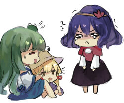 3girls :&lt; bare_shoulders black_skirt blonde_hair blue_skirt brown_hat chibi collared_shirt detached_sleeves frog_hair_ornament green_hair hair_ornament hat kani_nyan kochiya_sanae leaf_hair_ornament long_hair medium_hair mirror moriya_suwako multiple_girls purple_hair saliva shirt simple_background skirt skirt_set sleeveless sleeveless_shirt tearing_up touhou white_background yasaka_kanako yellow_eyes