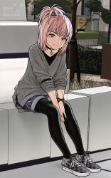 1girl absurdres alternate_costume between_legs black_choker black_pantyhose bracelet checkered_footwear choker closed_mouth day denim denim_shorts full_body grey_shirt grey_shoes half_updo hand_between_legs highres hinamori_amu jewelry looking_at_viewer medium_hair outdoors pantyhose pantyhose_under_shorts pink_hair rustle shirt shoelaces shoes shorts shugo_chara! sitting sleeves_pushed_up smile sneakers solo three-quarter_sleeves tree union_jack v-neck