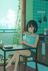 1girl :o balcony bangs_pinned_back bare_shoulders black_hair black_shorts blue_camisole blue_nails blush camisole chair cloud collarbone curtains day drink drinking_straw foot_out_of_frame glass_door grey_eyes hair_ornament hairpin highres holding holding_drink indoors ladle looking_ahead matsumine_(twin-mix) nail_polish open_mouth original oven_mitts plant planter railing sandals shirt short_hair shorts sidelocks sitting sleeveless sleeveless_shirt slice_of_life solo spatula stove table tile_wall tiles vines watering_can wooden_floor