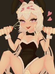 1girl 3boys arm_strap bar_censor bare_shoulders bell black_bow black_bowtie black_leotard bowtie censored clothing_aside cum cum_in_mouth cum_in_pussy cum_on_tongue detached_collar ejaculation feet_out_of_frame filian_(vtuber) grey_hair hair_bell hair_ornament handjob heart highres huntamann indie_virtual_youtuber leotard leotard_aside long_hair looking_at_viewer m_legs multiple_boys penis purple_eyes rabbit_ears smile solo_focus spread_legs strapless strapless_leotard tearing_up thighs tongue tongue_out veins veiny_penis very_long_hair virtual_youtuber x_hair_ornament
