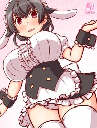 1girl alternate_costume animal_ears apron black_hairband blush breasts center_frills cosplay fake_animal_ears fleur_de_lapin_uniform floppy_ears frilled_apron frilled_hairband frills gochuumon_wa_usagi_desu_ka? gradient_background hairband jingei_(kancolle) kanon_(kurogane_knights) kantai_collection kirima_syaro kirima_syaro_(cosplay) large_breasts lolita_hairband looking_at_viewer panties pink_background puffy_short_sleeves puffy_sleeves rabbit_ears shirt short_sleeves skirt smile solo thighhighs underbust underwear waist_apron waitress white_apron white_panties white_shirt white_thighhighs wrist_cuffs
