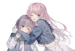 2girls bang_dream! bang_dream!_it&#039;s_mygo!!!!! blush brown_eyes chihaya_anon fang grey_eyes grey_hair highres lemon_ice long_hair long_sleeves multiple_girls mygo!!!!!_(bang_dream!) one_eye_closed open_mouth pink_hair short_hair smile takamatsu_tomori