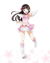 1girl :d aqua_eyes artbook black_hair blunt_bangs boots bow choker feathered_wings floating_hair full_body hair_ornament highres kurosawa_dia long_hair looking_at_viewer love_live! love_live!_sunshine!! mole mole_under_mouth navel non-web_source official_art open_mouth pink_bow pink_skirt pointing simple_background skirt smile solo standing star_(symbol) star_hair_ornament white_background white_skirt wings