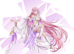 1girl absurdres black_shorts boots chinese_commentary commentary_request corset diamond-shaped_pupils diamond_(shape) elysia_(herrscher_of_human:_ego)_(honkai_impact) elysia_(honkai_impact) fuyao92581 gloves hand_on_own_cheek hand_on_own_face high_heel_boots high_heels highres honkai_(series) honkai_impact_3rd knee_boots long_hair pink_hair purple_eyes shorts simple_background solo symbol-shaped_pupils veil very_long_hair white_background white_boots white_corset white_gloves white_veil