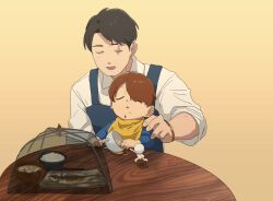 apron baby black_hair brown_hair child closed_eyes dinner eating edosumo_nin family father_and_son fish gegege_no_kitarou highres kitarou kitarou_tanjou:_gegege_no_nazo medama_oyaji miso_soup mizuki_(gegege_no_kitarou) multiple_boys parted_bangs rice scar shirt short_hair sleeping sleeveless spilling table towel white_shirt wooden_table