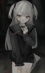1girl absurdres black_neckerchief black_sailor_collar black_serafuku black_shirt black_shoes black_skirt blood blood_on_face blood_on_leg bloody_knife bloody_weapon blunt_ends fangs grey_eyes grey_hair highres holding holding_knife holding_weapon kanau_(u_u_zzx) knife light_blush long_hair long_sleeves looking_at_viewer loose_socks miniskirt neckerchief on_ground open_mouth original pleated_skirt sailor_collar school_uniform seiza self-harm_scar serafuku shirt shoes sitting skin_fangs skirt sleeves_past_wrists smile socks solo two_side_up weapon white_socks