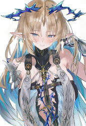 1girl absurdres bare_shoulders black_collar black_dress blonde_hair blue_eyes blue_hair blush breasts closed_mouth collar colored_inner_hair commentary crown_of_thorns dress earrings english_commentary fleurdelys_(wuthering_waves) floating_earrings hand_up highres horns jewelry large_breasts long_hair multicolored_hair necklace origonz pointy_ears single_horn solo sweat tacet_mark_(wuthering_waves) upper_body very_long_hair white_background wuthering_waves yellow_horns