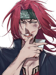 1boy abarai_renji black_jacket bleach blood blood_from_mouth blood_on_face blood_on_hands bruise bruise_on_face chest_tattoo clenched_teeth close-up forehead_tattoo green_headband headband hhjr_3me highres injury jacket loose_hair_strand male_focus nosebleed portrait red_eyes red_hair red_shirt school_uniform shirt solo tattoo teeth white_background wiping_mouth