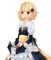 Rule 34 | 1girl, arch bishop (ragnarok online), black dress, blush, breasts, cleavage cutout, clothing cutout, commentary request, cowboy shot, cross, dress, flower, frilled dress, frilled sleeves, frills, hair flower, hair ornament, highres, juliet sleeves, long sleeves, looking at viewer, meiko (nattu303), open mouth, petals, pointy ears, puffy sleeves, ragnarok online, red eyes, red flower, red rose, rose, sash, short hair, simple background, skirt basket, small breasts, smile, solo, teeth, two-tone dress, upper teeth only, white background, white dress, yellow sash