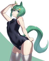 1girl absurdres animal_ears black_one-piece_swimsuit blue_eyes breasts commentary_request green_background green_hair highres horse_ears horse_girl horse_tail one-piece_swimsuit saikuu seiun_sky_(umamusume) short_hair small_breasts solo swimsuit tail thighhighs two-tone_background umamusume white_background white_thighhighs