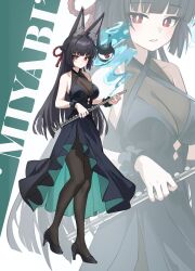 1girl absurdres alternate_costume animal_ear_fluff animal_ears black_dress black_hair black_pantyhose black_shoes blunt_bangs blush breasts dress flute fox_ears fox_girl highres holding holding_flute holding_instrument hoshimi_miyabi inapple instrument long_hair looking_at_viewer pantyhose parted_lips red_eyes shoes sidelocks sleeveless solo standing tailless_(zenless_zone_zero) zenless_zone_zero zoom_layer