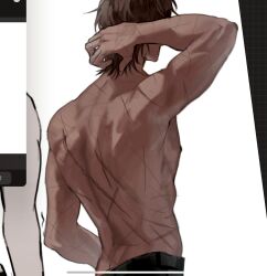 1boy arm_up back back_focus black_pants brown_hair chanil_(muexlku) cowboy_shot dark-skinned_male dark_skin heathcliff_(project_moon) highres limbus_company nipples pants project_moon scar scar_on_back simple_background solo toned toned_male white_background