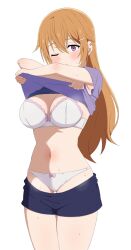 1girl blue_shorts bow bow_bra bow_panties bra breasts brown_hair cleavage clothes_lift clothes_pull goa1126 hair_between_eyes hair_ornament hairclip konoe_kanata large_breasts long_hair looking_at_viewer love_live! love_live!_nijigasaki_high_school_idol_club navel one_eye_closed panties purple_eyes purple_shirt shirt shirt_lift shorts shorts_pull simple_background standing underwear undressing white_background white_bra white_panties