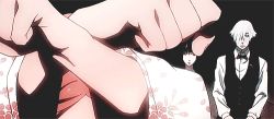 10s 2boys 2girls animated animated_gif anime_screenshot arita_mayu black_bow black_bowtie bow bowtie chiyuki_(death_parade) clavis_(death_parade) clenched_hands death_parade decim_(death_parade) grin japanese_clothes kurokami_no_onna looking_at_viewer lowres midriff multiple_boys multiple_girls navel smile yay