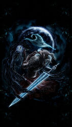 1boy 1girl 2024 absurdres armor artist_name bloody_wolf_(elden_ring) blue_hair blue_skin breastplate cape cloak closed_eyes closed_mouth colored_skin commentary copyright_notice cracked_skin doll_joints elden_ring english_commentary extra_arms full_armor fur_cape fur_cloak ghonz_art glowing glowing_jewelry glowing_sword glowing_tattoo glowing_weapon greatsword hat helm helmet hetero highres holding holding_sword holding_weapon jewelry joints kiss large_hat long_hair moonlight_greatsword ranni_the_witch ring sword tarnished_(elden_ring) tarot the_lovers_(tarot) vambraces weapon wedding_ring white_hair witch witch_hat