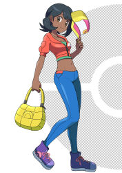 1girl alternate_costume asatsuki_(fgfff) bag black_hair blue_pants breasts brown_eyes collarbone commentary_request cropped_jacket full_body green_shirt hat highres holding jacket midriff navel nintendo orange_jacket pants pokemon pokemon_xy purple_shoes serena_(pokemon) shirt shoes short_hair short_sleeves solo standing white_background yellow_bag yellow_hat