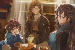 3girls ahoge black_hair blue_bow blue_dress blue_eyes blue_scarf bow braces brown_coat brown_eyes brown_gloves brown_hair cake cake_slice cccc2445 coat curtains dress flutterpage food gloves hair_bow hair_ornament hands_on_own_cheeks hands_on_own_face high_collar holding holding_jar indoors jar jewelry leaf_hair_ornament long_hair looking_at_viewer mole mole_under_eye multiple_girls multiple_hair_bows necklace pink_bow plate red_dress reverse:1999 round_table scarf short_hair table teapot tooth_fairy_(reverse:1999) tooth_necklace upper_body willow_(reverse:1999)
