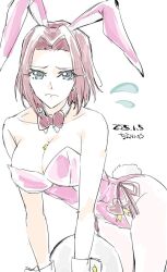 1girl animal_ear_hairband animal_ears artist_name between_breasts blue_eyes bow bowtie breasts code_geass dated detached_collar fake_animal_ears flying_sweatdrops hair_intakes hairband highres kouzuki_kallen large_breasts leaning_forward leotard lighter pantyhose pink_leotard playboy_bunny rabbit_ears rabbit_tail red_bow red_bowtie red_hair short_hair solo strapless strapless_leotard tail tray wrist_cuffs yanada_kiyorin
