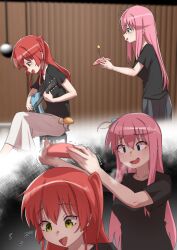2girls @_@ bass_guitar black_shirt blue_eyes blurry blurry_background bocchi_the_rock! breath cube_hair_ornament gotoh_hitori green_eyes hair_between_eyes hair_ornament headgear indoors instrument kita_ikuyo long_hair motion_blur multiple_girls musical_note open_mouth pigkaboo pink_hair pleated_skirt red_hair shirt short_sleeves side_ahoge sitting skirt stool trembling triangle_mouth white_skirt