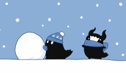 black_horns blue_theme hat highres holding horns hoshikui no_humans original scarf shoutarou_(shoutarotttt) snow snowball snowflake_print snowing white_eyes
